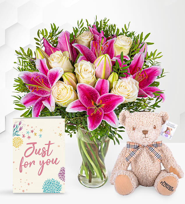 Pink Lilies & Roses with Teddy & Card