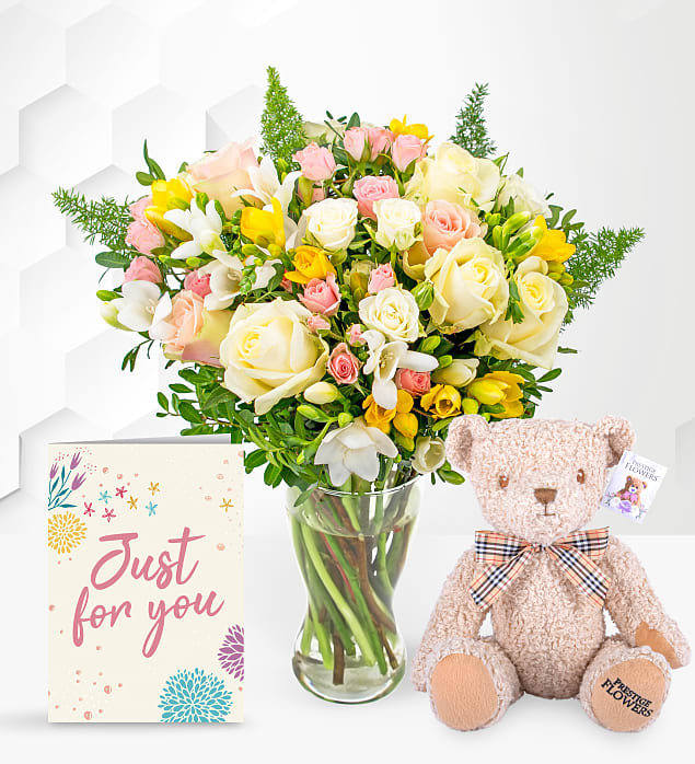 Rose and Freesia with Teddy & Card