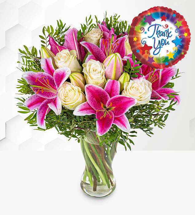 Pink Lilies & Roses with Thank You Balloon