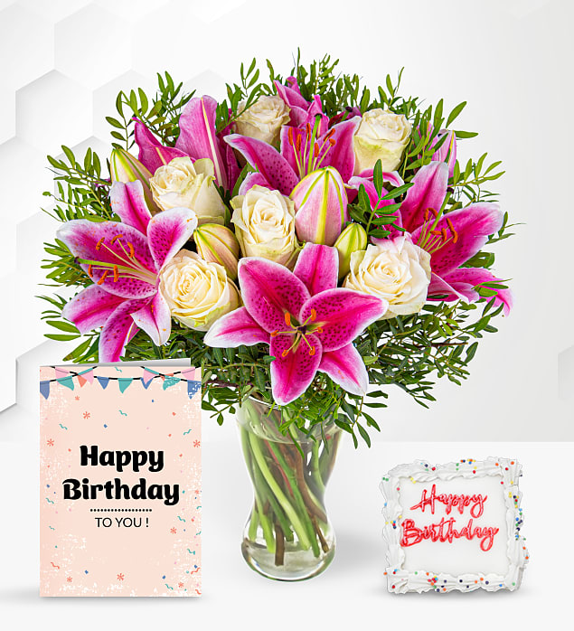 Pink Lilies & Roses with Birthday Cake & Card