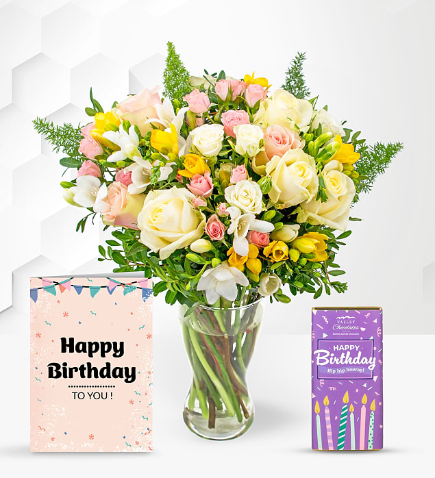 Rose and Freesia with Birthday Chocolate & Card