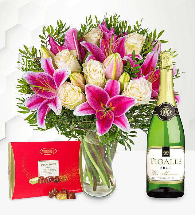 Pink Lilies & Roses with Fizz & Chocolates