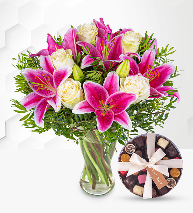 Pink Lilies & Roses & Belgian Chocolates