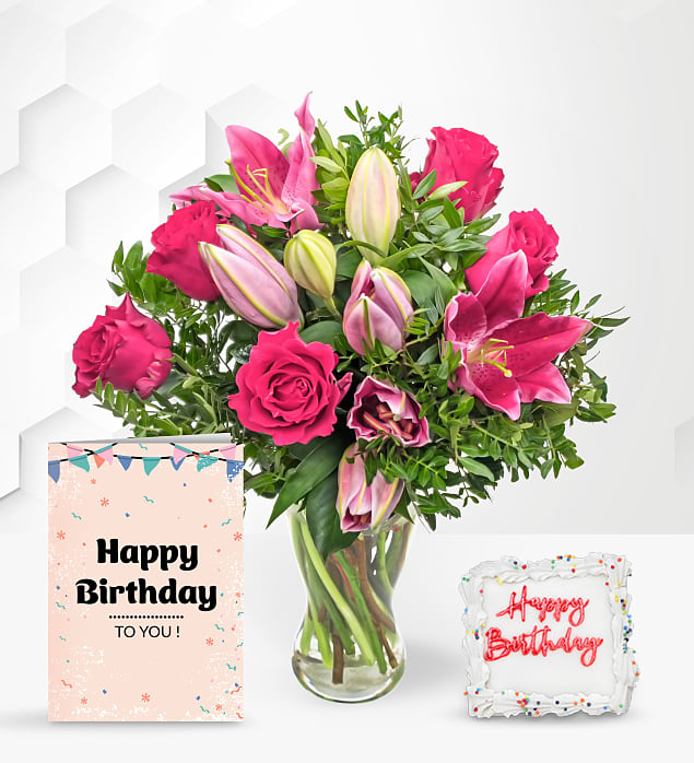 Rose and Lily with Birthday Cake & Card | Prestige Flowers