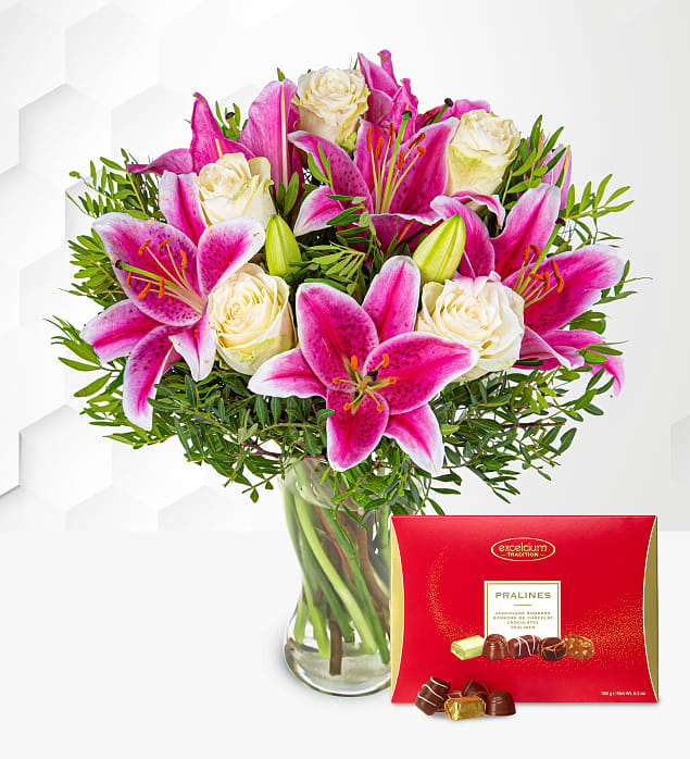 Pink Lilies & Roses with Chocolates
