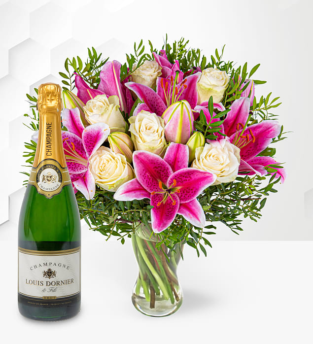 Pink Lilies & Roses With Champagne