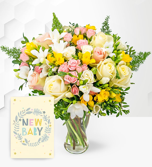 Rose and Freesia with New Baby Card