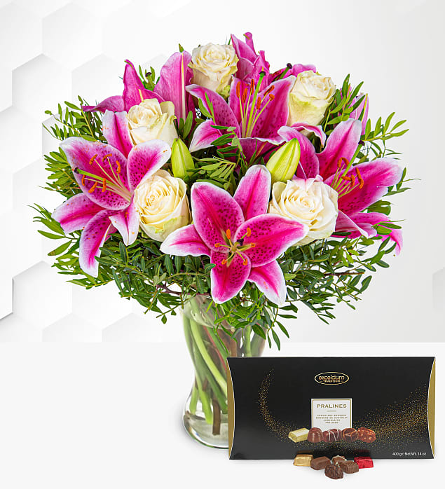 Pink Lilies & Roses & Luxury Chocolates