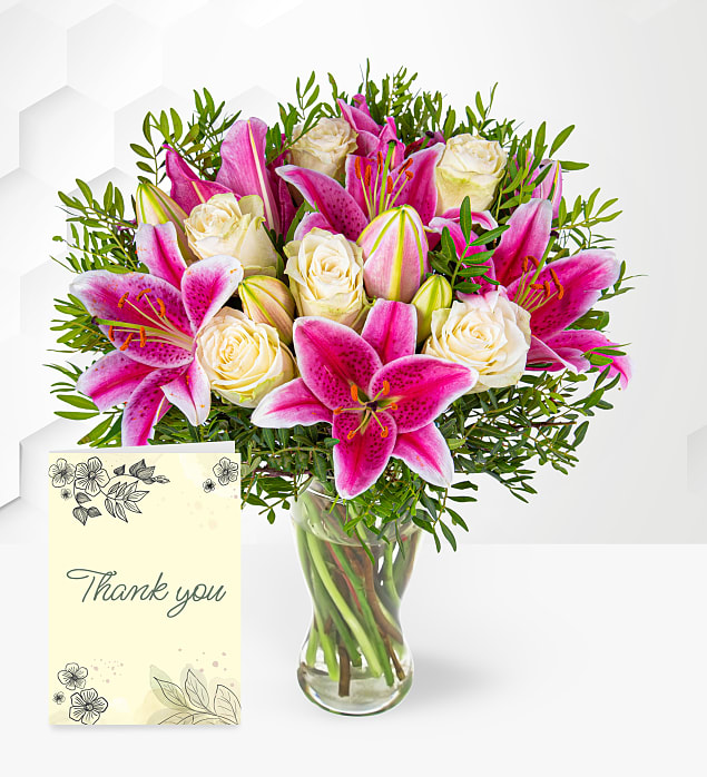Pink Lilies, Roses & Thank You Card